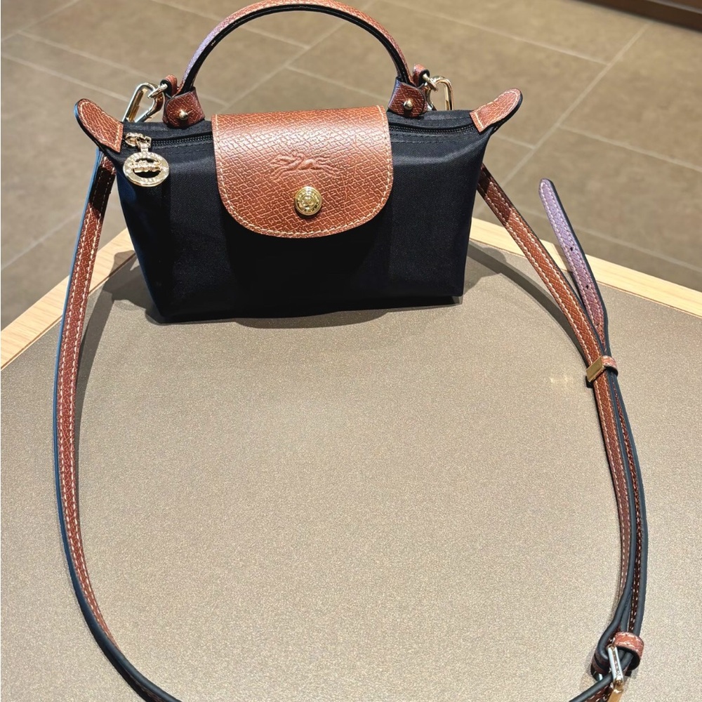 Longchamp Le Pliage Mini Top Handle Crossbody Bag Black with Brown Leather Trim